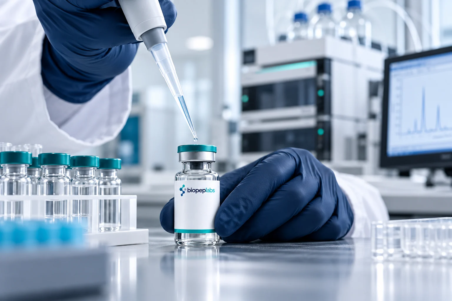 Researcher pipetting from a biopeplabs vial beside an HPLC instrument